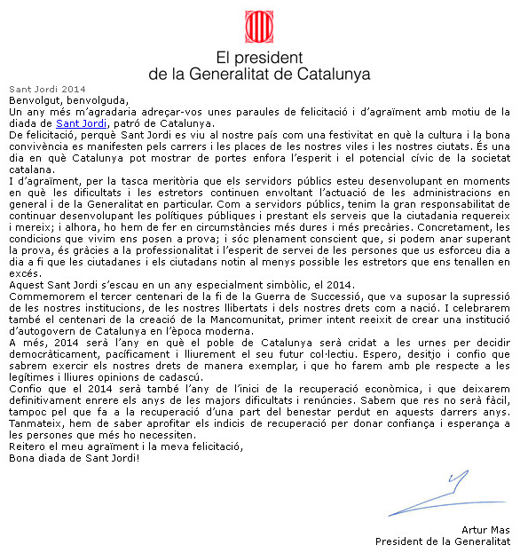Carta Artur Mas Sant Jordi